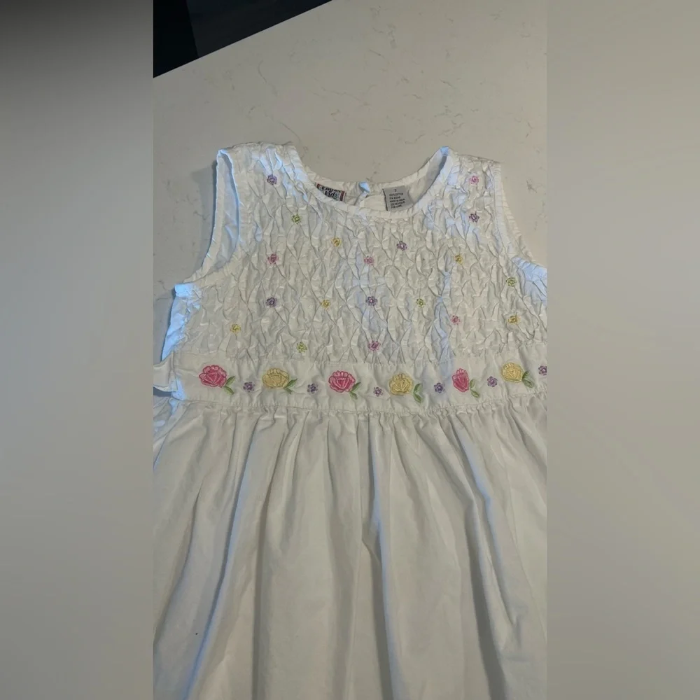White Cotton Kids Dress with Floral Accents